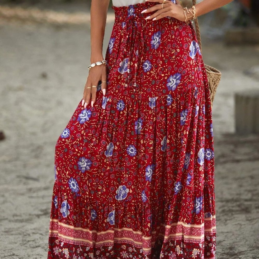 Red boho Womens Floral Print Ruffle Hem Skirt - Picture 5 of 5